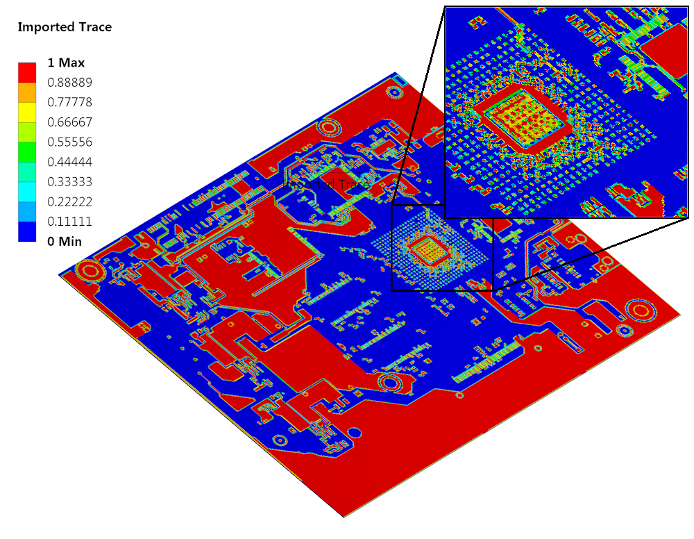 Capture complex and detailed ECAD geometry an order of magnitude faster. The ECAD data is brought in and represented as spatially varying, nonhomogenous material properties mapped onto the mesh. The contours represent computed metal fractions on the PCB.